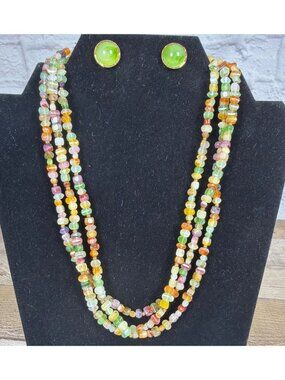 VTG Multi Strand Beaded 18" Necklace Green Post Stud Gold Tone Earring Set Retro